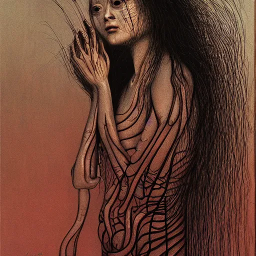 Prompt: tomie by junji ito in the style of zdzisław beksiński and h.r. giger, oil on canvas, intricately detailed artwork, full 8k high quality resolution, recently just found unknown masterpiece, renaissance painting, photorealism, 8k high detail, Sigma 85 mm f 1.4, Studio Light, Studio Ghibli, jacek yerka, alex gray, zdzisław beksiński, dariusz zawadzki, jeffrey smith and h.r. giger, oil on canvas, 8k highly professionally detailed, trending on artstation