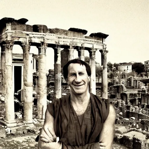 Prompt: Recovered photo of julius caesar taken in front of the roman forum. He has a cheesy grin. Sepia. Small tears on edge and creased.