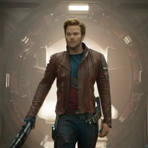 Image similar to film still of Margot Robbie as Star Lord in Guardians of the Galaxy