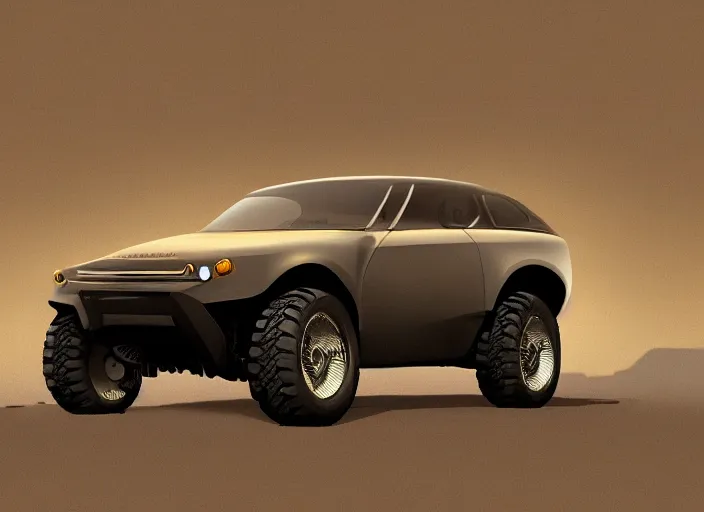 Image similar to wide view shot of a new car for 2 0 3 2 with offroad tires installed. style by petros afshar, christopher balaskas, goro fujita, and rolf armstrong. car design by dmc and land rover.