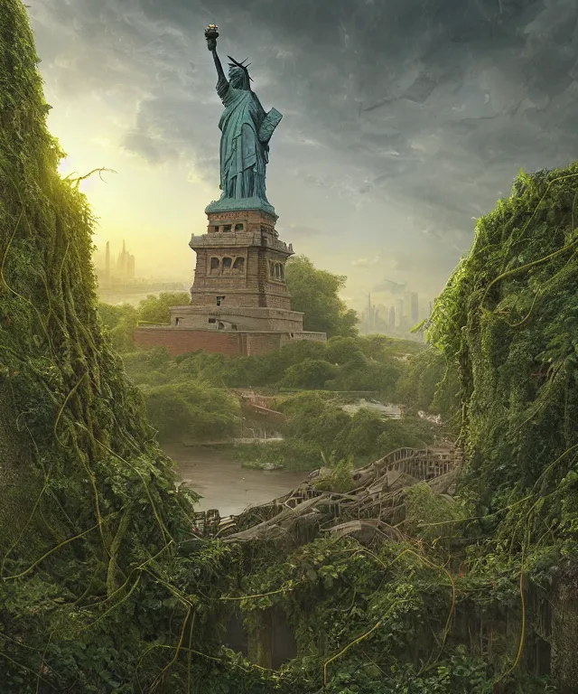 Image similar to highly detailed digital matte painting of an overgrown, abandoned, damaged Lady of Liberty, taken back by nature, vines, nature. Full shot. By Raphael LaCoste and Ruan Jia and Robert McCall, postcyberpunk, geodesic dome, hyperdetailed, sunrise, wide shot, autochrome, octane render