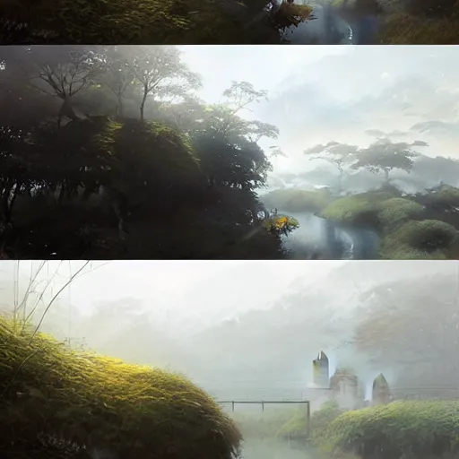 Image similar to walking around misumi west port and manda pit, kumamoto, japan. volumetric lighting, dew, spring morning, slight overcast weather, realistic illustration, perfectly shaded, soft painting, art by krenz cushart and wenjun lin