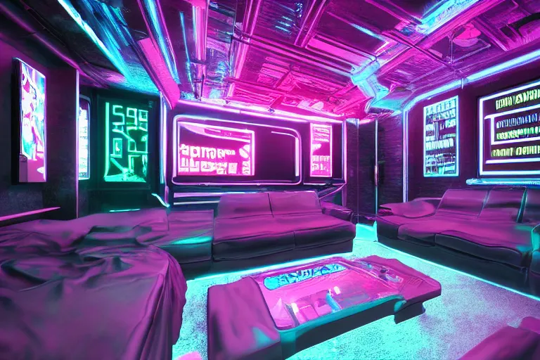 Image similar to interior photo of an amazing cyberpunk room with sofa and huge screen, photorealism, neon vibes
