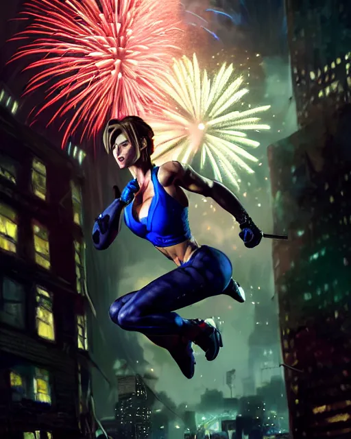 Image similar to gigachad jill valentine bodybuilder jumping in front of a fireworks show fighting wearing a suit in the fight club city, fantasy character portrait, ultra realistic, anime key visual, full body concept art, intricate details, highly detailed by greg rutkowski, ilya kuvshinov, gaston bussiere, craig mullins, simon bisley