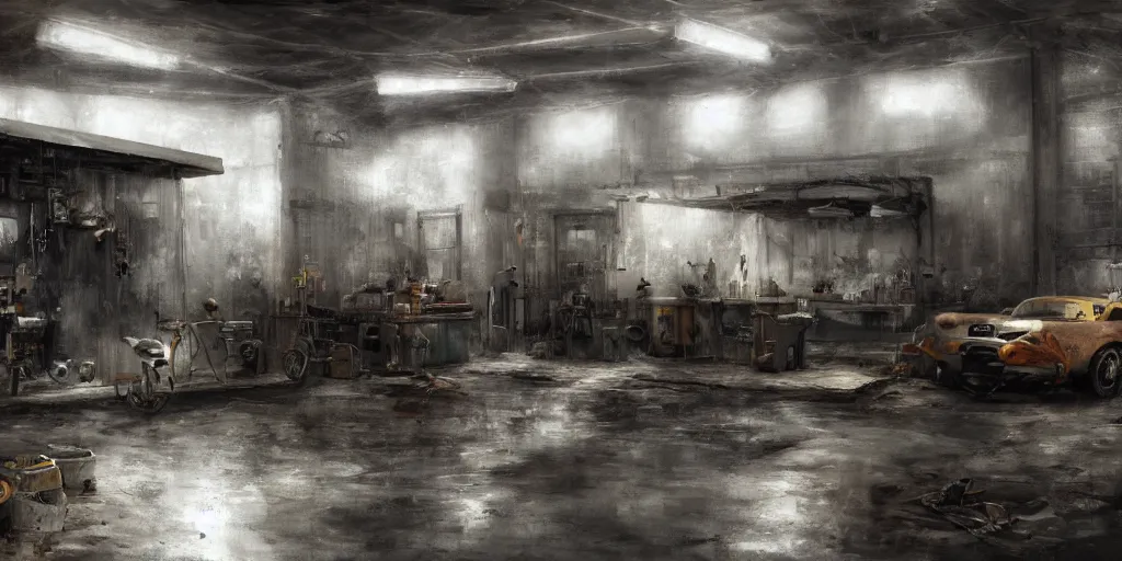 Image similar to mechanic garage interior inside an African favela, broken light from small hole in ceiling, high contrast, metal sheets with chipped paint for walling, shelves, spare parts, van under construction, wide angle lens, movie shot, trending on Artstation, highly detailed, moody atmospheric, hazy, style of Craig Mullins,