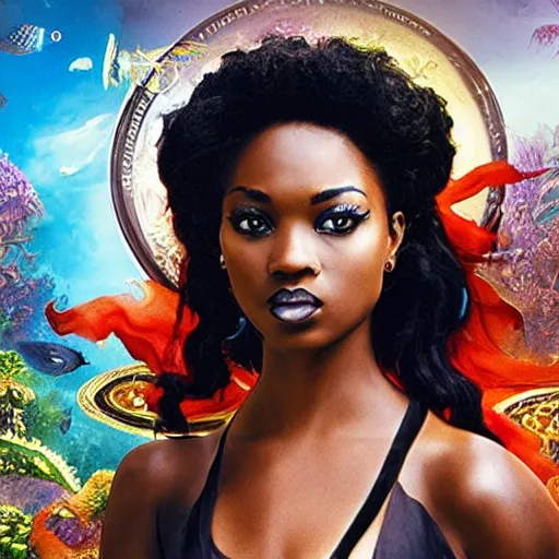 Prompt: the image is a lost hollywood film still 2 0 0 0 s photograph of a black woman with dark brown skin, long, swirling black hair, and jade colored eyes, the goddess of mischief going to an aquarium with mythological thor. vibrant cinematography, anamorphic lenses, crisp, detailed image in 4 k resolution.