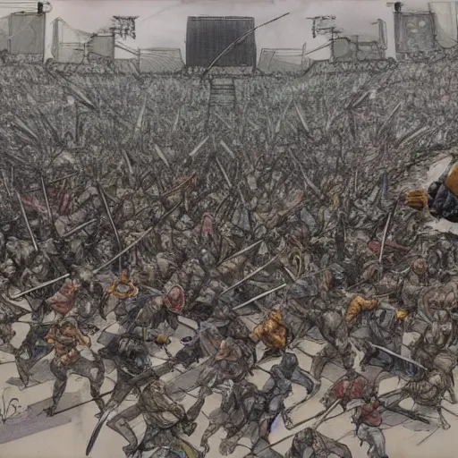 Image similar to one hero with sword looking at army of swordsmen in the background, in the middle of an arena, crowd of people, pencil art, straight, clear, added detail, high definiton, colored, backfacing, by yoji shinkawa