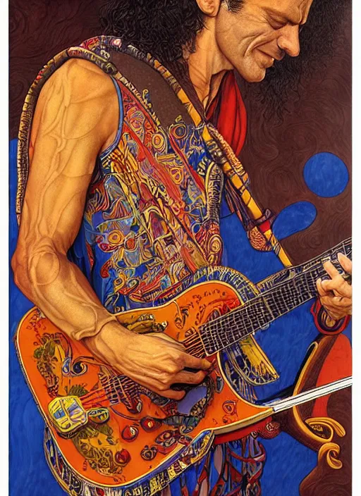 Image similar to an awesome jean giraud graphic art of pat metheny in the style of a renaissance masters portrait, mystical and new age symbolism and tibetan book of the dead imagery, intricately detailed, 4 k