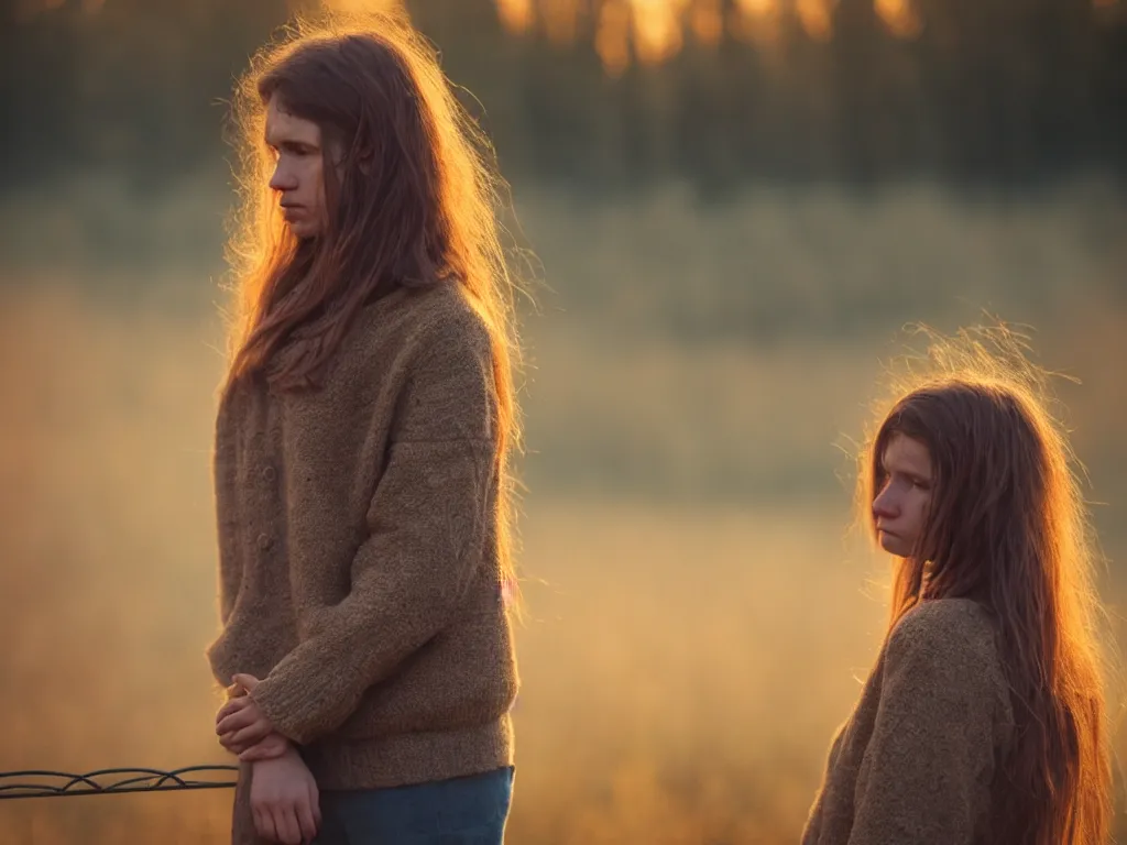 Image similar to medium shot portrait bust of young woman sitting on fence, tired expression, faded color film, russian cinema, tarkovsky, technicolor, heavy forest, wood cabin in distance, shallow depth of field, long brown hair, old clothing, heavy fog, brown color palette, sunset, low light, hudson river school, 4 k, dramatic lighting
