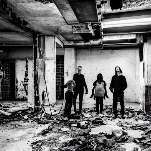 Image similar to 4 goth punks watching a black hole forming in the grimy grungy basement of an abandoned apartment block, grainy black and white photography