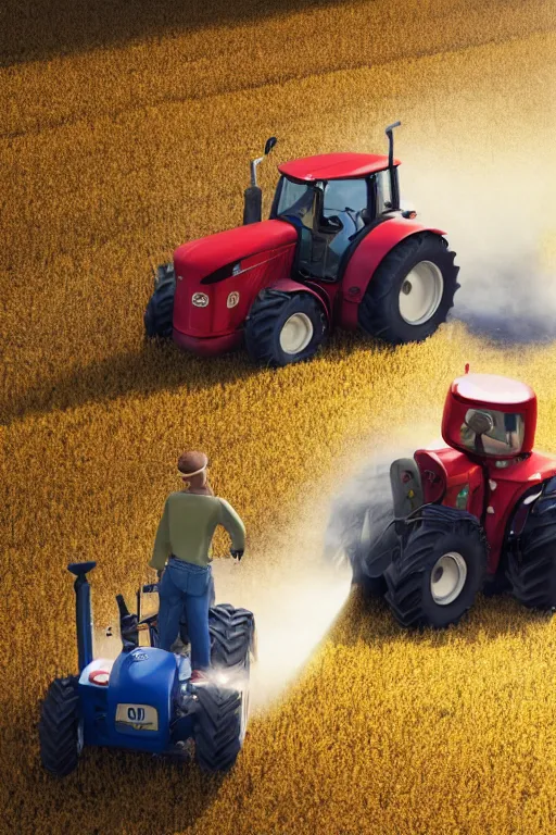 Image similar to film still of a pixar movie with a dutch farmer on a tractor on the highway, glamour pose, dramatic lighting, octane, volumetric lighting, 8 k