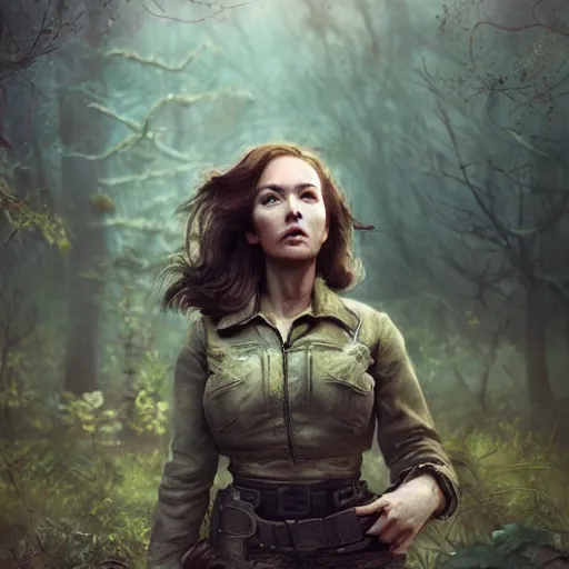 Image similar to fallout 5, charismatic beautiful rugged female scavenger, portrait, outdoors forest campsite, atmospheric lighting, painted, intricate, volumetric lighting, beautiful, daytime, springtime, slight overcast, sharp focus, deep colours, ultra detailed, by leesha hannigan, ross tran, thierry doizon, kai carpenter, ignacio fernandez rios