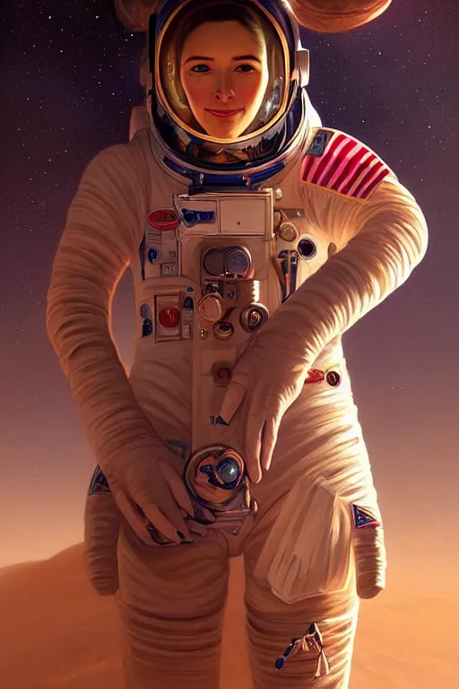 Prompt: beautiful portrait of a female astronaut on mars, face painting, dramatic lighting, intricate, wild, highly detailed, digital painting, artstation, concept art, smooth, sharp focus, illustration, art by artgerm and greg rutkowski and alphonse mucha, footage from space camera