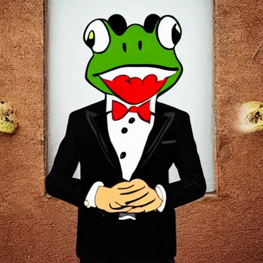 Image similar to a frog 🐸 wearing a suit smoking a cigar