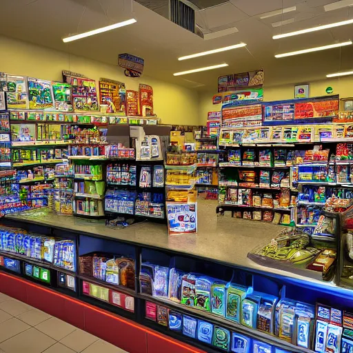 Prompt: Marvels Vision working as a 7/11 cashier, wide wide shot, very detailed, hdr photograph, beautiful lighting