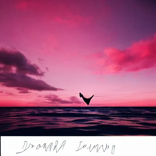 Image similar to dreamland blush colored sky covered with light feathery pink clouds on a reflective waveless flat open infinite ocean mirroring the sky with a pug sliding down an inflatable waterslide in the middle