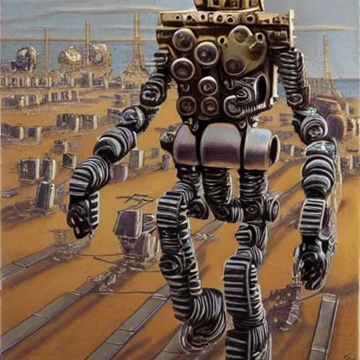 Image similar to a highly detailed retro futuristic robot with gears and other mechanical parts made out of pasta going for a walk outside, a robot made out of pasta, painting by Jim Burns