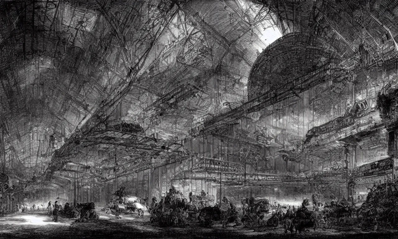 Image similar to dark glowing cargo hall and corridors of huge space ship halls cages with strange animals detailed piranesi lithography