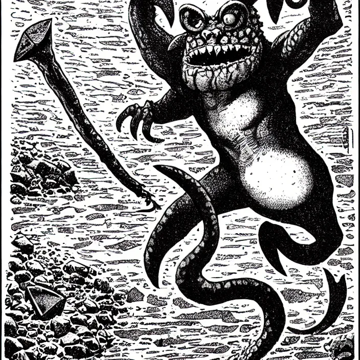 Image similar to an octorok spitting rocks, as a d & d monster, pen - and - ink illustration, etching, by russ nicholson, david a trampier, larry elmore, 1 9 8 1, hq scan, intricate details, high contrast