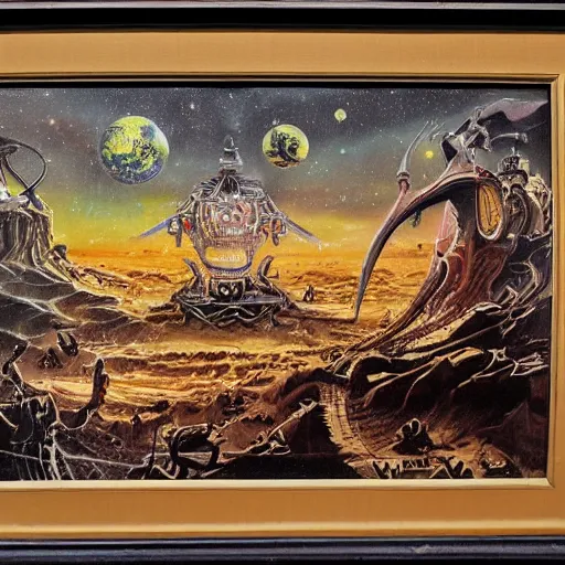 Image similar to the dirdir, jack vance, planet of adventure, mike mignogna, highly detailed, vintage dark sci fi, oil painting