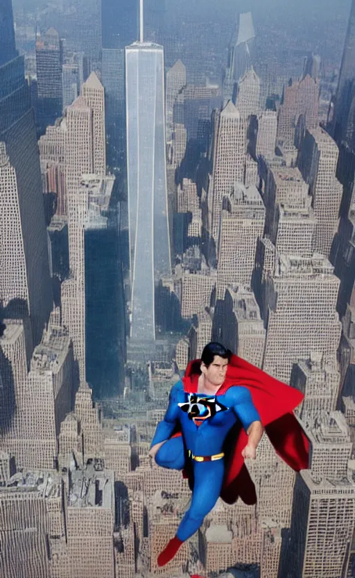 Prompt: superman flying into the twin towers on 9 / 1 1