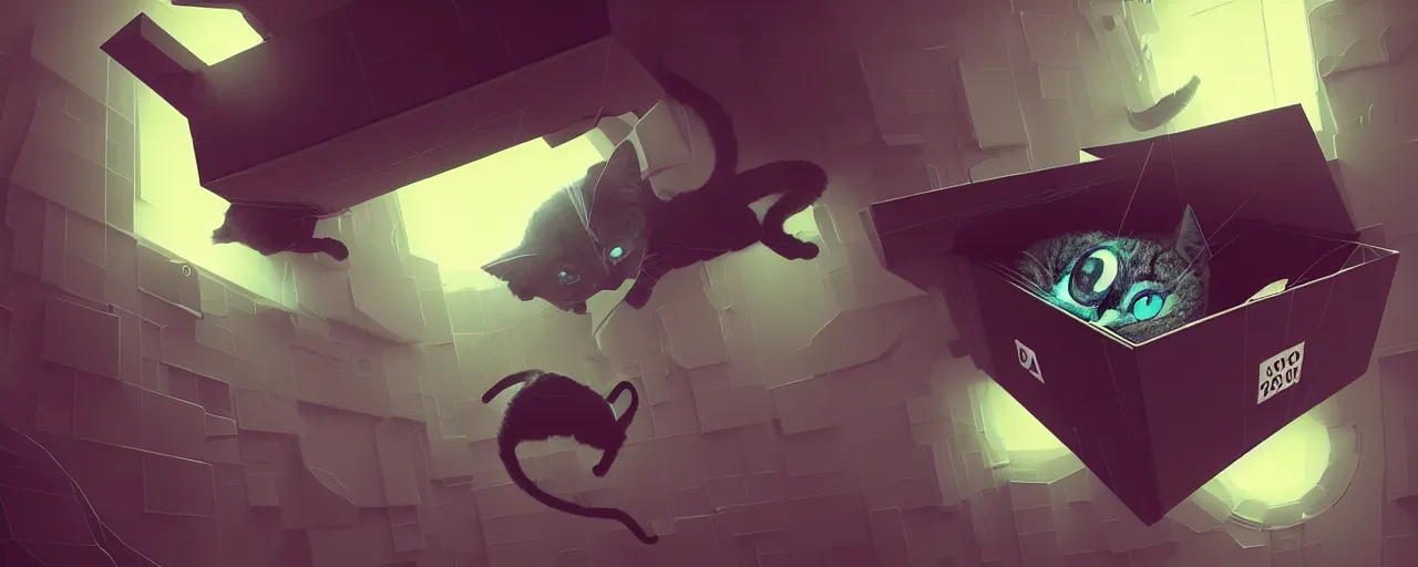 Image similar to duotone noir scifi concept dynamic concept art of 3 d mesh of cat inside box floating zero gravity glowing 3 d mesh portals, glowing eyes, octane render, surreal atmosphere, volumetric lighting. accidental renaissance. by sachin teng and sergey kolesov and ruan jia and heng z. graffiti art, scifi, fantasy, hyper detailed. trending on artstation