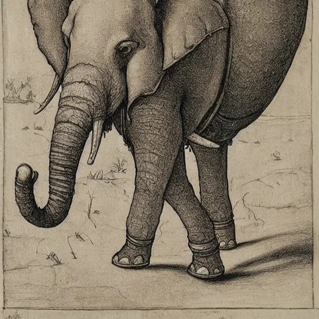 Image similar to a detailed, intricate drawing of a heavily armored elephant on a beach, by albrecht durer