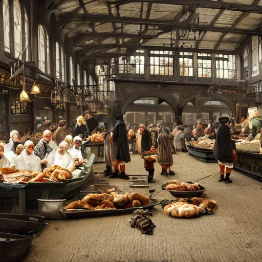 Image similar to Amsterdam Fish Market with huge crowd of Calvinists dress in black in the 17th century. realistic, digital art. Photo realistic, hyperdetailed, HD, Octane Render Substance Designer. Hiroshi Yoshida, James Gurney, Norman Rockwell, Albert Bierstadt, Marc Simonetti, John Harris, Peter Mohrbacher, Ralph McQuarrie.