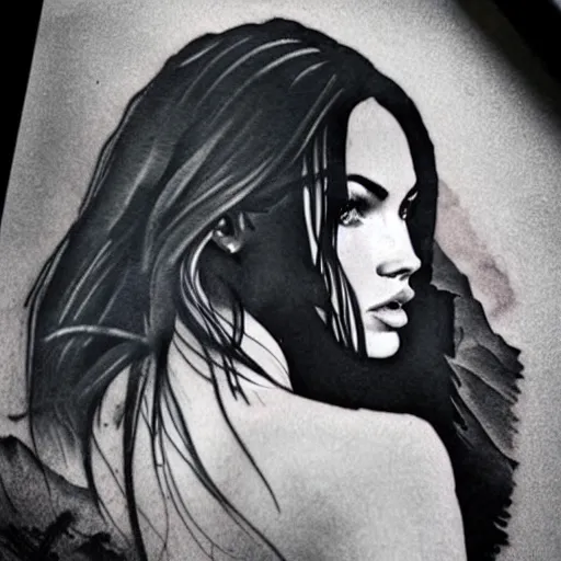 Image similar to realism tattoo sketch of double exposure megan fox, on beautiful mountain scenery faded background, in the style of andrey lukovnikov