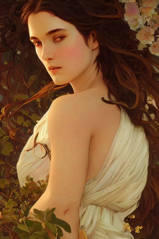 Image similar to close up portrait of goddes of laurel, digital illustration, dramatic lighting, by artgerm and greg rutkowski and alphonse mucha