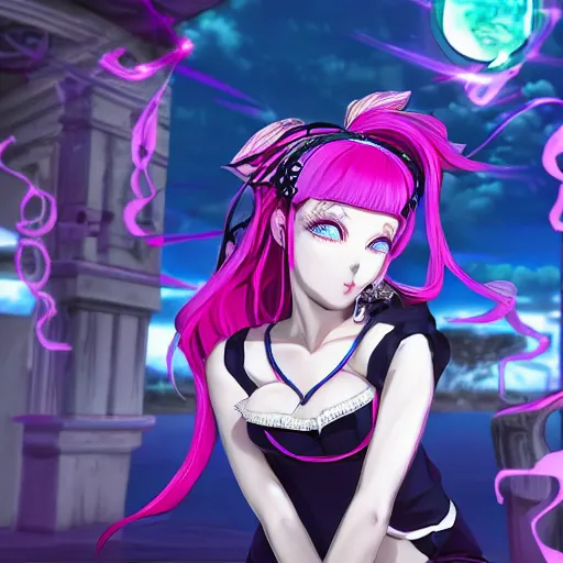 Image similar to trapped by stunningly beautiful omnipotent megalomaniacal anime asi goddess who looks like junko enoshima with symmetrical perfect face and porcelain skin, pink twintail hair and cyan eyes, taking control while smiling, inside her surreal vr castle, hyperdetailed, digital art, danganronpa, unreal engine 5, 2 d anime style, 8 k