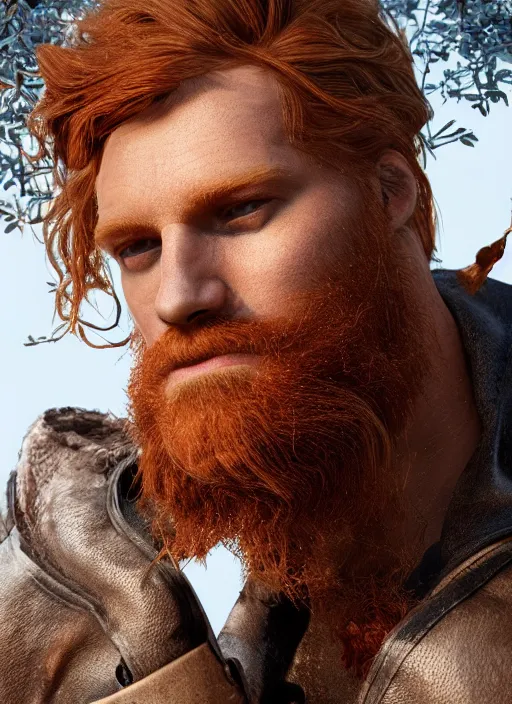 Image similar to beauteous handsome rugged sumptuous man wrapped in dna molecule, incredible ginger hair, projected ray traced oled retinal overlays, crystalline masterpiece incrustations, hyperdetailed face, elegant pose, movie still, intricate, octane render, cinematic forest lighting, cgsociety, unreal engine, crepuscular rays, god rays