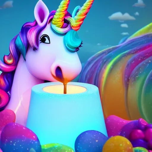 Image similar to a unicorn puking into a candle, octane render, lisa frank style