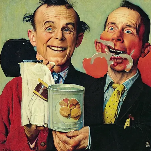 Prompt: two happy people exchanging items, in the style of norman rockwell painting