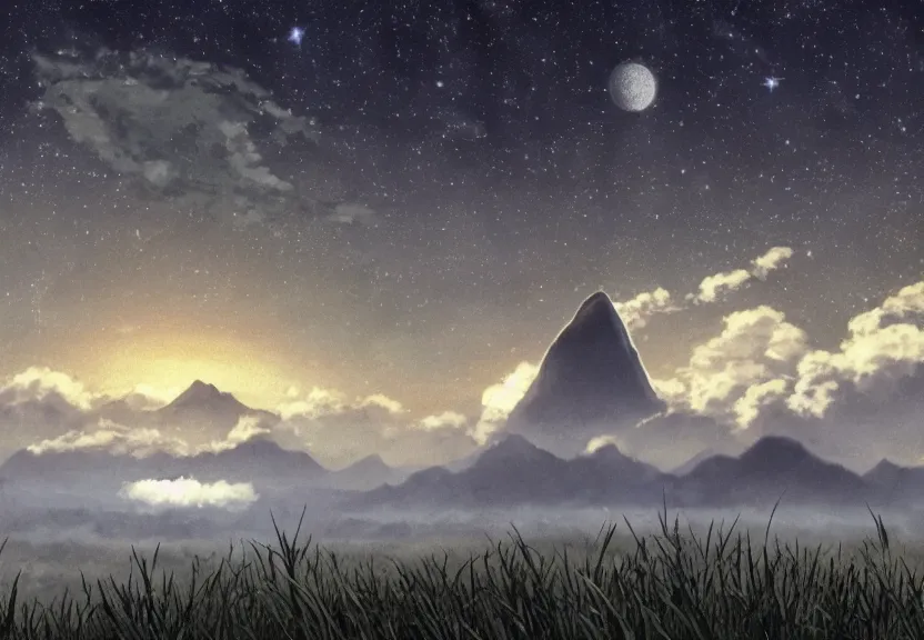 Prompt: a still from a studio ghibli film showing a huge giant grey starship. in the background is machu pichu on a misty and starry night. very dull muted colors, hd, 4 k, hq