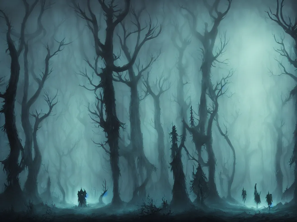 Image similar to fantasy haunted dark forest, foggy, detailed, digital art, a dark forest with adventurers surrounded by evil spirits that lurk in the shadows, by Anato Finnstark, artstation