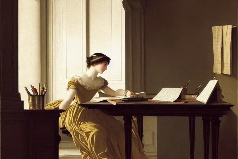 Prompt: lady writing at her desk by vittorio reggianini, georgian dress, directoire style, regency, empire silhouette, bright lighting, perfectly detailed eyes, beautiful hands, pale skin, clear face