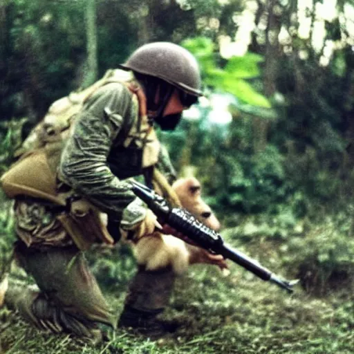 Prompt: “ hamster in the vietnam war, firing his m 1 6, action shot, highly detailed, film photograph ”