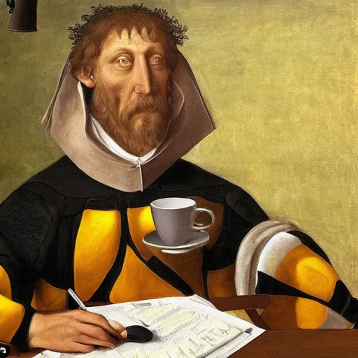 Image similar to tired man in a bumblebee suit sips a coffee in front of a laptop, highly detailed, masterpiece, renaissance, oil on canvas