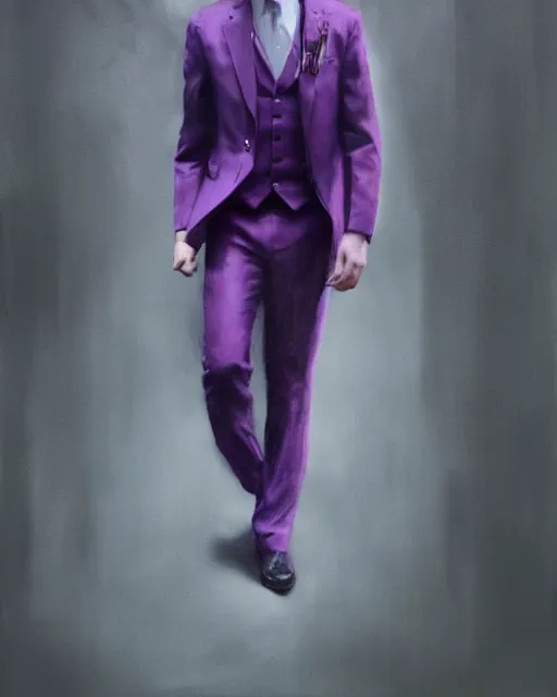 Image similar to A hyper realistic oil painting of a man in his twenties dressed in a purple suit, clean shaven, insane sharp looking face, messy hair, blood on the suit, by Greg Rutkowski, trending on artstation, 4k, creepy lighting