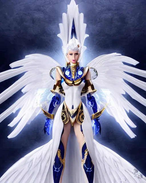 Image similar to perfect ornate white haired attractive egyptian goddess with huge white dove wings, warframe armor, beautiful, symmetric, dreamy, half asian, pretty face, blue eyes, detailed, scifi platform, laboratory, experiment, 4 k, ultra realistic, epic lighting, android body, illuminated, cinematic, masterpiece, art by akihito tsukushi, voidstar