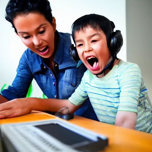 Prompt: child shout on his mother who play computer games and smile.