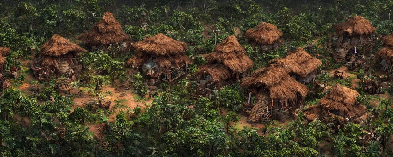 Image similar to an intricate concept art of a tribal houses in the middle of the amazon rainforest, artstation, sci - fi, hyper realistic, concept art, art by dylan cole, cinematic lighting, octane render