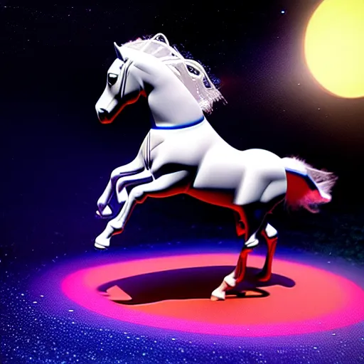 Prompt: a plastic horse toy is dancing on astronaut, concept art, fantasia photo