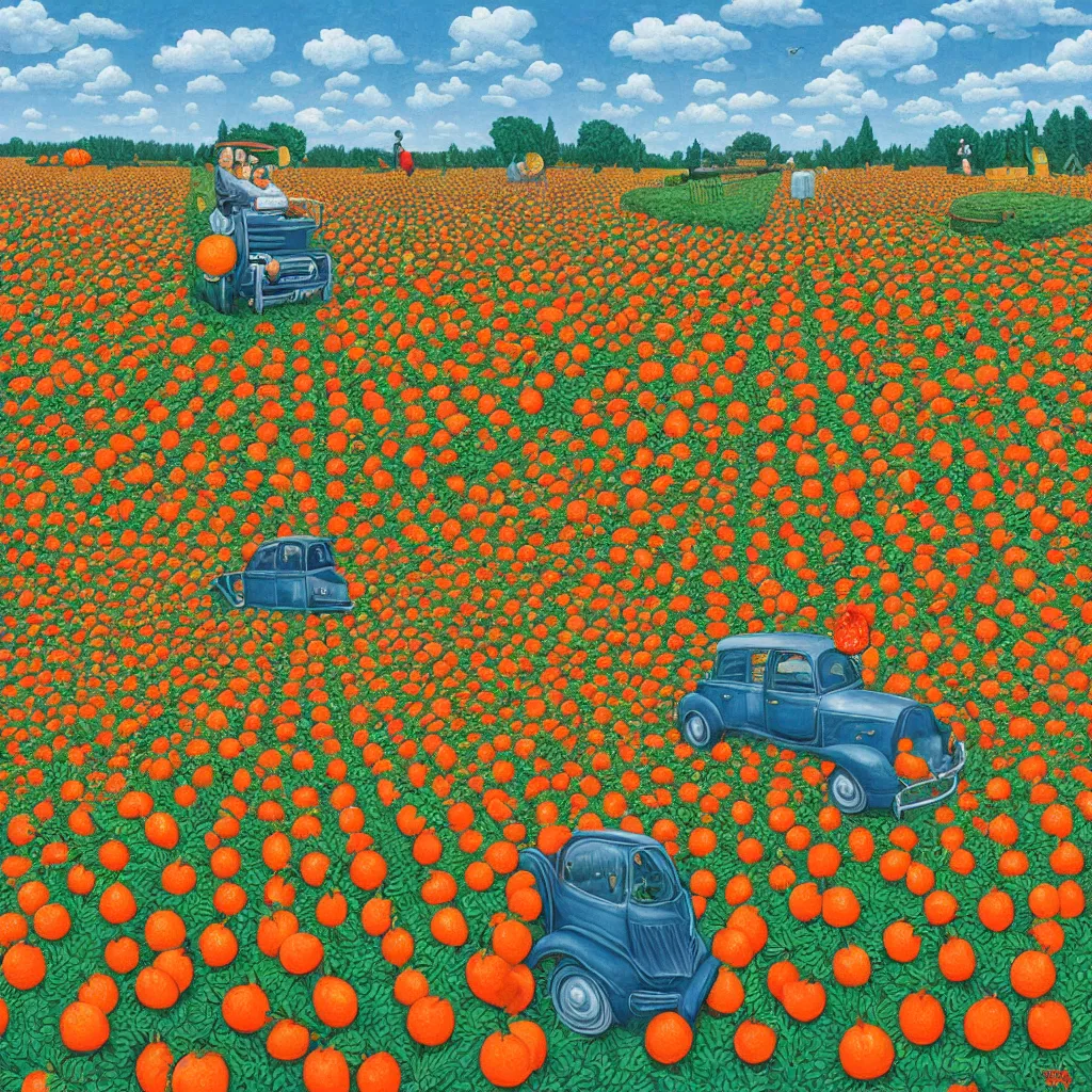 Image similar to a orange strawberry field seen by far in a car riding by, by Rob Gonsalves