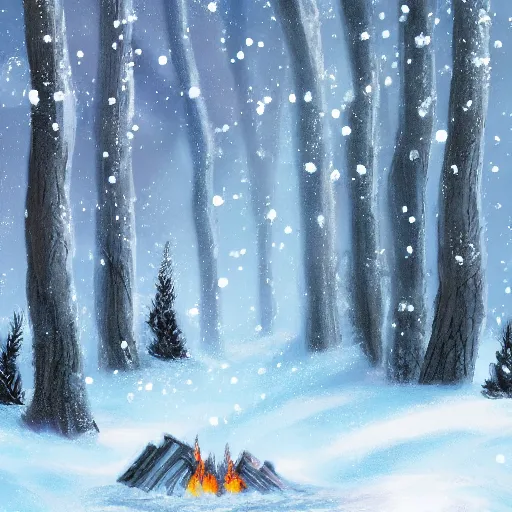 Image similar to winter wonderland, fantasy, white color pallet, campfire, forest trees covered in snow, extremely detailed, by bob ross, falling snow, trending on artstation, 8 k