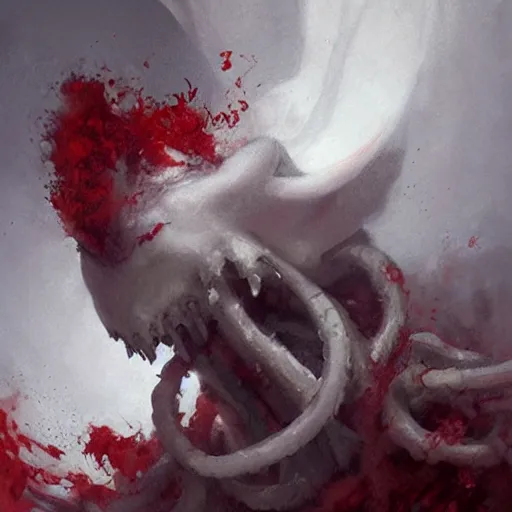Image similar to painting by greg rutkowski of a flying human head and face that is chalk white in color, with tentacles coming of the neck, red eyes, flying in a terrying hell like cavernous place