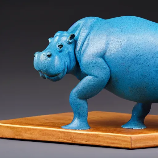 Image similar to small hippopotamus sculpture on a desk with bottom part and legs made out of wood and back and top part out of blue epoxy sculpture, mix, decorative small, 3 5 mm macro photography, studio