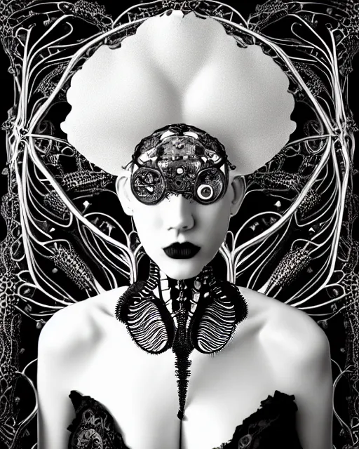 Prompt: surreal black and white photo portrait of complex bio-mechanical beautiful young female vegetal-cyborg with a Mandelbrot fractal steampunk metal fine lace face, curled silver hair and a fine metal floral foliage super big lace collar by Alexander McQueen:: high fashion, haute couture, rococo, steampunk, silver filigree details, anatomical, facial muscles, cable wires, microchip, elegant, hyper realistic, 150 mm lens, soft rim light, octane render, unreal engine, volumetric lighting, 8k,