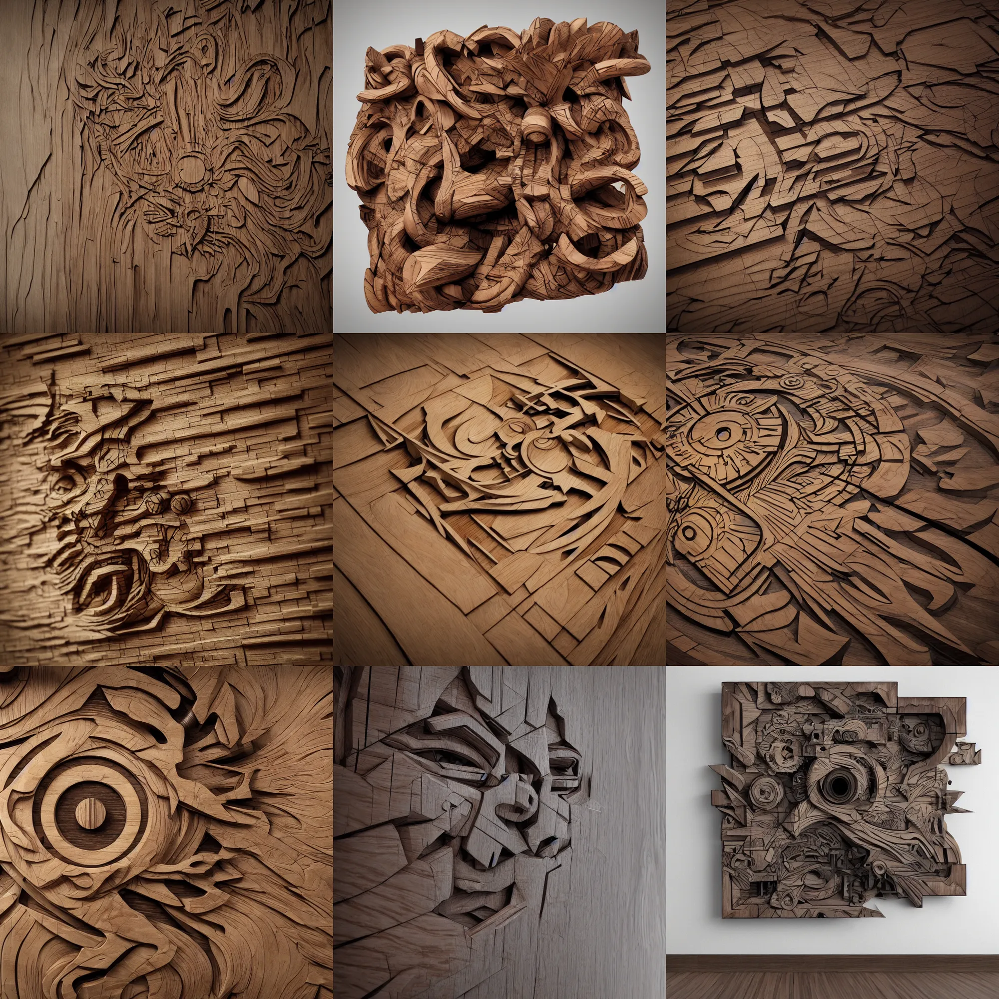 Prompt: octane render ultra photo realistic, wood carving graffiti wooden cyberpunk contemporary art gallery